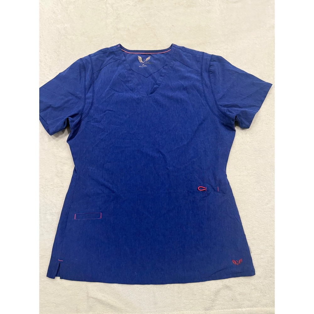 Smitten Womens V-Neck Scrub Top Blue Heathered Medical Uniform Large S101002